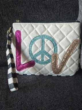 Quilted Glitter 'Love' Wristlet Pouch - White with Pink, Teal & Gold Accents